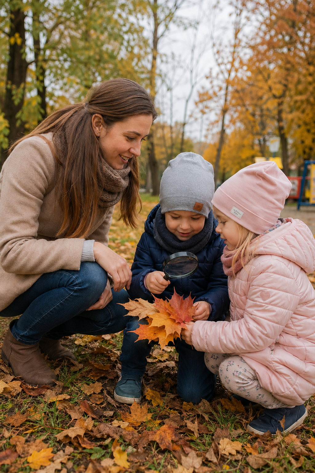 Nauczycielka z dziećmi ogląda liście przez lupę podczas zajęć w parku