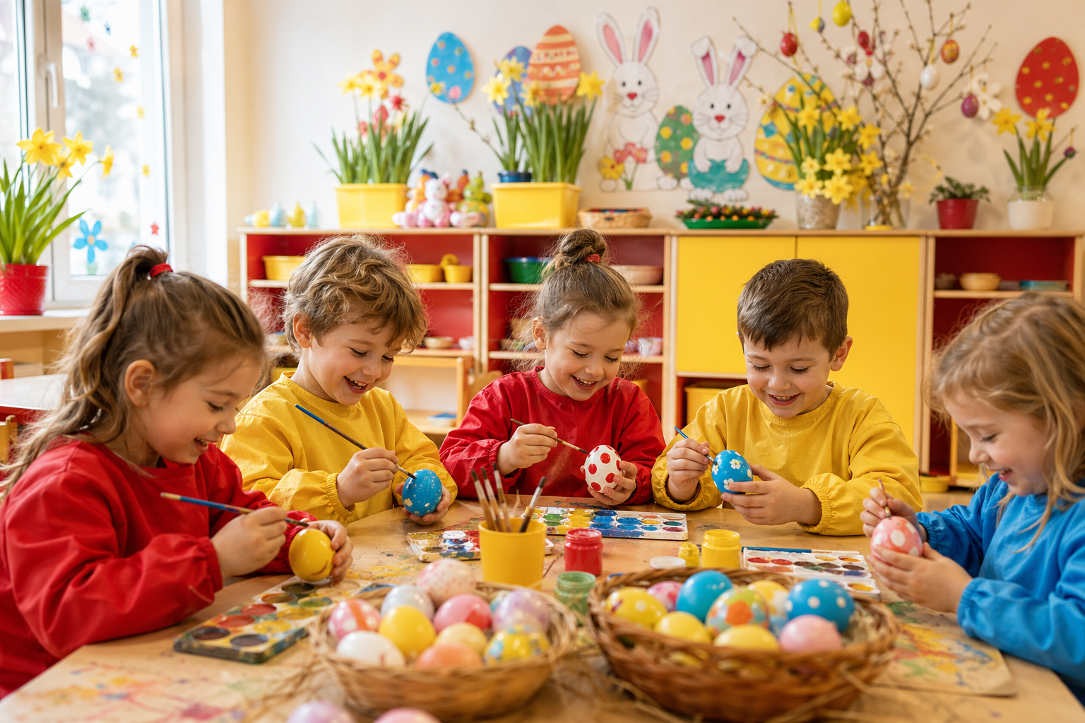 Dzieci przy stoliku w sali przedszkolnej malują i dekorują pisanki wielkanocne